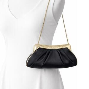 Franchi Black Pleated Clutch Gold Frame Evening Bag Chain Strap 10" EUC Formal